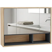 HOMCOM Mobilier de baie cu oglindă, dulap suspendat cu 3 uși și 8 compartimente, stejar(m-1)