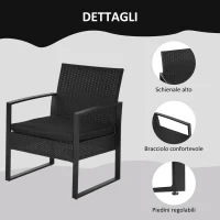 Outsunny Set da Balcone, Tavolino e 2 Sedie da Esterno in Rattan con Cuscini, Nero(m-6)