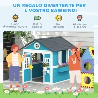 Outsunny Casetta per Bambini 3-8 Anni con Vasi e Fioriere, in Legno di Abete, 114x126.4x135 cm, Blu(m-6)