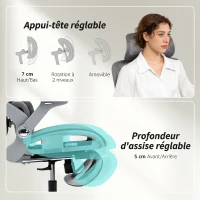HOMCOM Chaise Bureau Ergonomique avec Accoudoirs 4D Appui-Tête et Profondeur d'Assise Réglables Maille Gris(m-6)