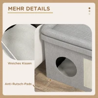 PawHut Kattenhuis, voerbak met 2 roestvrijstalen kommen, krabmat, zacht ligkussen, 78 x 48 x 49,5 cm, grijs(m-8)