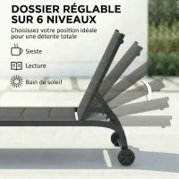 Outsunny Bain de Soleil en Aluminium, Dossier Réglable 6 Positions avec Roues, Rembourrage Intégré, 62x165x94cm, Gris Foncé(m-4)