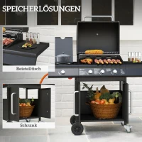Outsunny Mobiele gasbarbecue met opbergruimte, zijtafel, zijbrander, warmhoudrooster, thermometer, roestvrij staal, zwart(m-6)