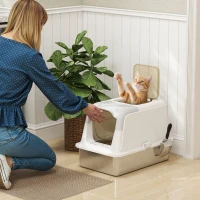 PawHut Kattenbak, kattenbox met deksel, kattenbakschep, vooringang en bovenuitgang roestvrijstaal tot 15 kg(m-2)