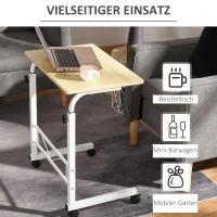 HOMCOM bijzettafel in hoogte verstelbare salontafel verrijdbaar bureau met wielen parkeerremmen C-vormige tafel spaanplaat staal ijzer kunststof wit esdoorn 60 x 40 x 68-78 cm(m-7)