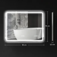 HOMCOM LED Badkamerspiegel met Verlichting, Anti-Condens Functie, 3 Instelbare Lichtkleuren, Geïntegreerde Klok, 70 x 90 cm, Zilver(m-3)