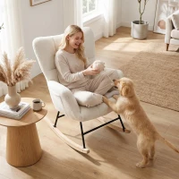 HOMCOM Rocking Chair, Teddy Fleece Rocker Chair with Tufted Wingback, Side Pockets, Rubber Wood Legs, Cream White(m-8)