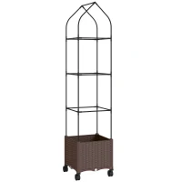 Outsunny Raised Garden Bed with Trellis, Tomato Cage with Lockable Wheels, Self Watering Planter Box with Drainage Holes, Brown(m-1)