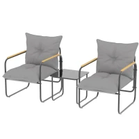 Outsunny Salon de Jardin 3 Pièces, 2 Fauteuils avec Coussins Épais, 1 Table Basse en Verre Trempé, 59x73x72cm, Gris Foncé(m-10)