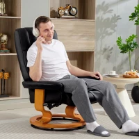 HOMCOM Relaxfauteuil met Hocker, draaibaar & kantelbaar, Kunstleren bekleding, tot 150 kg, Houten frame, Zwart(m-8)