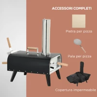 Outsunny Forno per Pizza Pieghevole e Portatile con Pala e Pietra, in Acciaio e Legno, 81x40x72 cm, Nero(m-7)