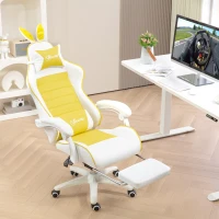 Vinsetto Gaming Chair with Rabbit Ears and Footrest, Ergonomic Computer Chair for Girls Adults, with Headrest, Lumbar Support, Reclining Back, Swivel Wheels, Yellow and White(m-10)