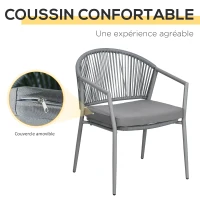 Outsunny Salon de jardin bistrot 3 pièces cadre en acier 2 fauteuils 1 table basse plateau en verre trempé coussins inclus gris(m-5)