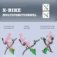 HOMCOM Vélo d'Appartement Pliable 4-en-1 - Ergomètre Magnétique Silencieux avec Cordes de Résistance - Sport Maison et Cardio-training avec Roulettes, Selle Confort et LCD (Max 120kg), Vert(m-8)