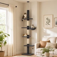PawHut Plafondhoge krabpaal 225-255 cm, verstelbare kattenboom met 5 niveaus, 3 sisal krabpalen, hangmat en platformen(m-2)