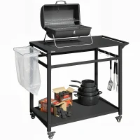 Outsunny Keukenwagen met wielen, 2-laagse serveerwagen met vuilniszakhouder, haken, handgrepen, 113 x 50,5 x 88 cm zwart(m-11)