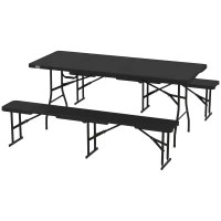 Outsunny Picknicktafel en Banken, 3-Delige Set, Opvouwbaar, Kunststof, Metaal, Zwart(m-10)