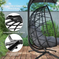 Outsunny Hangstoel, opvouwbare mandstoel met kussen, stalen frame, zonnescherm, tot 260 kg draagbaar, Donkergrijs(m-6)