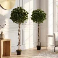 Outsunny Realistic Lush Topiary Ball Tree, Artificial Bay Laurel Topiary Trees with Weighted Pot, Set of 2, Green(m-7)