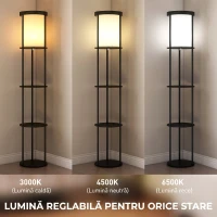 HOMCOM Lampă de Podea LED cu Rafturi Rotunde, Abajur Textile, Comutator cu Pedală și Telecomandă, Negru(m-4)