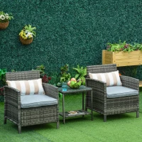 Outsunny 3 Pieces Rattan Bistro Set, Wicker Garden Furniture Set, Glass Top 2-tier Coffee Table and Chairs Set with Pillows and Washable Cushions for Outdoor, Patio, Balcony, Grey(m-2)