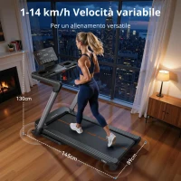 Tapis roulant pieghevole, sistema di chiusura pneumatico azionabile con una sola mano, 4 cuscini elastici, 145x89x130 cm, Nero(m-5)