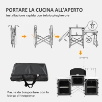 Outsunny Cucina da Campeggio Pieghevole a 3 Piani con 5 Ripiani Interni e 4 Ganci, 172x48x130 cm, Nero(m-6)