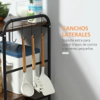 HOMCOM Carrito Auxiliar de Almacenaje con 2 Estantes 2 Cestas Extraíbles y 4 Ganchos 40x38x111 cm Nogal y Negro(m-7)