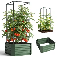 Outsunny Verhoogde plantenbak met klimrek, plantenbak met klimsteun, open bodem, weerbestendig, 61 cm x 61 cm x 140 cm, groen(m-15)