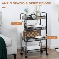 HOMCOM Carrello da Cucina a 4 Ripiani Rimovibili con 4 Ganci e Ruote, in Acciaio e Plastica PP, 45x26.5x84 cm, Nero(m-4)