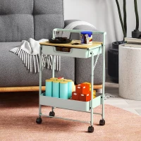 HOMCOM Carrito Auxiliar con Ruedas de 2 Niveles con Cajón Encimera y Cesta de Rejilla para Dormitorio Baño Cocina Verde Claro(m-11)