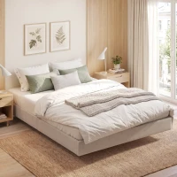 HOMCOM Cama Flutuante 160 x 200 cm com Iluminação LED Inteligente, Estrado de Casal Estofado em Linho, Montagem Fácil, Bege(m-5)