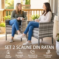 Outsunny Set de 2 Scaune de Grădină din Ratan, Scaune de Exterior cu Perne, Cotiere și Spătar Înalt, Cadru din Oțel pentru Verandă, Balcon, Lângă Piscină și Grădină, Gri(m-4)