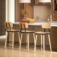 HOMCOM Set van 2 Barstoelen met Rugleuning, Voor Huisbar, Keukeneiland, Eetkamer, Hout, Metaal, Lichtbruin(m-6)