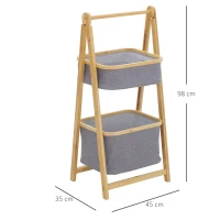 HOMCOM Mobile Bagno Pieghevole in Bambù con 2 Cassetti in Tessuto Poliestere Grigio, 45x35x98cm(m-3)