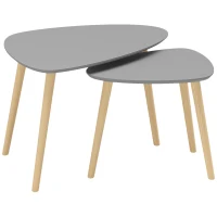 HOMCOM Juego de 2 Mesas Auxiliares Mesas Nido con Patas de Madera 59,5x39,5x45 cm y 44,5x28,5x40 cm Gris y Natural(m-1)