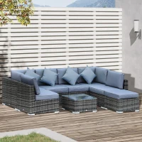 Outsunny 8 Piece Rattan Corner Sofa Set with Wide & Deep Seat, Assembled Aluminium PE Rattan Garden Furniture Set with Thick Cushions and Glass Top Table for Outdoor, Conservatory, Grey(m-2)