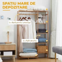 HOMCOM Cuier din Bambus cu Rafturi pe 6 Niveluri și Bară pentru Umerașe, 90x30x145 cm, Lemn Natural(m-4)