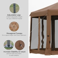 Outsunny 3.2m Pop Up Gazebo Hexagonal Canopy Tent Outdoor Sun Protection with Mesh Sidewalls, Handy Bag, Brown(m-6)