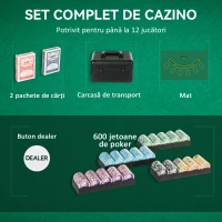 Set SPORTNOW Poker cu 600 Jetoane pentru 12 Jucători cu Geantă, 2 Pachete de Cărți și Covoraș, Negru(m-4)