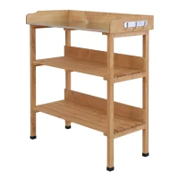 Outsunny Mesa de Jardinería de Madera con Superficie Metálica Estantes y Ganchos para Jardín Terraza 76x37x89 cm Natural(m-1)