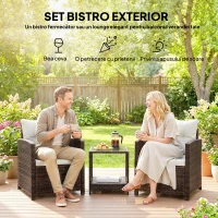 Outsunny Set Bistro pentru Exterior 3 Piese din Ratan cu Măsuță pe 2 Niveluri, Perne pentru Balcon și Terasă, Maro și Crem(m-4)