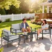 Outsunny Tuinmeubelset 4 personen weerbestendig balkonset met 2-persoonsbank, fauteuils, zitkussens, bijzettafel Lichtgrijs(m-2)
