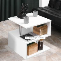 HOMCOM Wooden S Shape Cube Coffee Table 2 Tier Storage Shelves Organizer Office Bookcase Living Room End Desk Stand Display (White)(m-5)