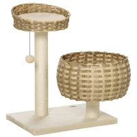 PawHut Árbol para Gatos Mediano con Cama Superior Cesta de Mimbre con Cojines Postes Rascadores de Sisal Natural y Bola Colgante de Juguete 54x40x70 cm Beige(m-10)
