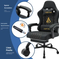 Fauteuil gamer avec repose-pieds, coussin doux pour la nuque et les lombaires, coussin de soutien amovible, 60x60x122 cm, Noir(m-6)