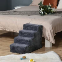 PawHut Scară Portabilă pentru Câini cu 4 Trepte, din Material de Catifea Detașabil și Lemn, 60x35x44 cm, Gri Închis(m-10)