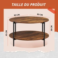 Table basse ronde à deux niveaux, ample espace de rangement, pieds réglables, 83x83x44,5 cm, marron(m-3)