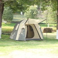 Outsunny Tente pop up montage instantané - tente de camping familiale 3-4 pers.  - 2 portes + 2 fenêtres + chambre - dim. 2,25L x 4,45l x 1,75H m fibre verre polyester oxford beige vert kaki(m-7)