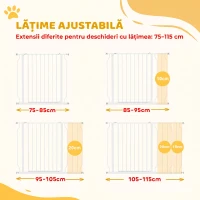 PawHut Poartă de Siguranță pentru Câini din Oțel și ABS, Extensibilă 75-115cm pentru Scări și Uși, Alb(m-4)